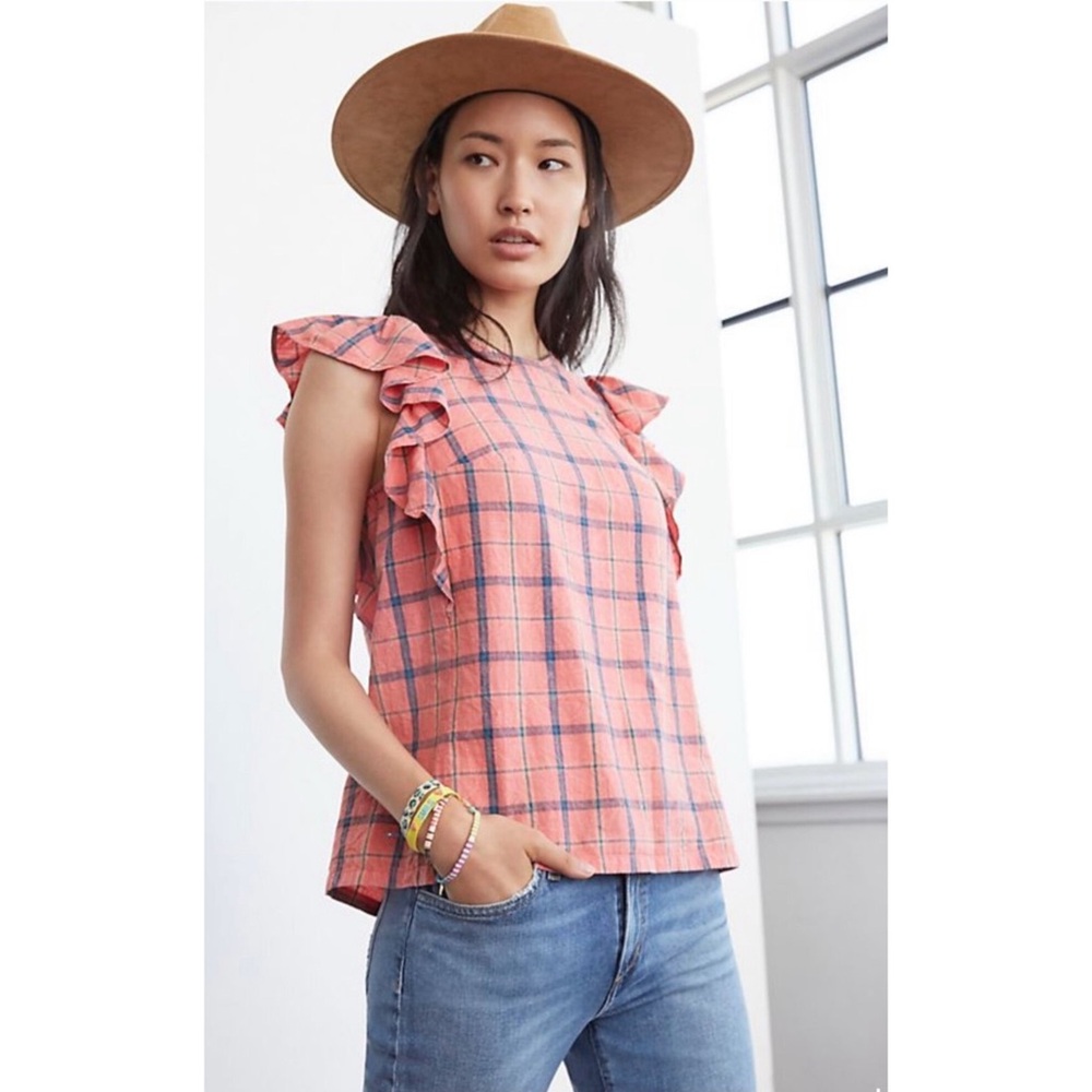 Anthropologie Coral Amarette Plaid Ruffle Sleeve Blouse